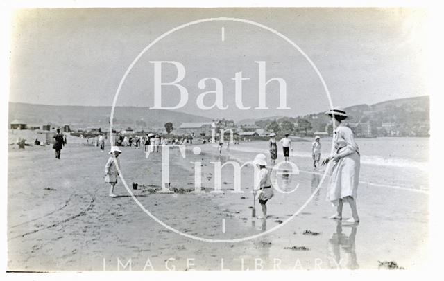 The photographer's wife Violet and twin boys on the beach at Minehead, Somerset c.1914