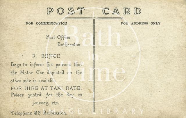 The rear of a card advertising Bence's Batheaston Car Service, Post Office Batheaston c.1920