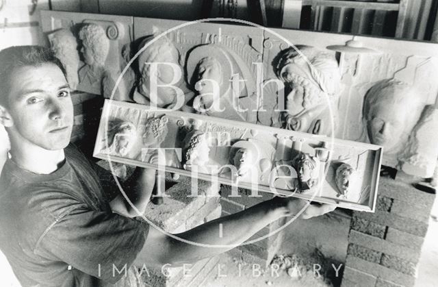 Robert Fleming with his design for the frieze on the outside of the Podium, Bath 1989