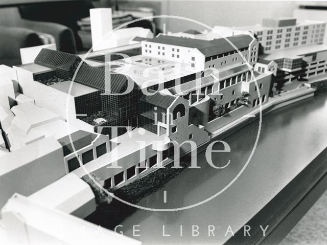 Architects model of the proposed Podium Development, viewed from Pulteney Bridge, Bath 1985