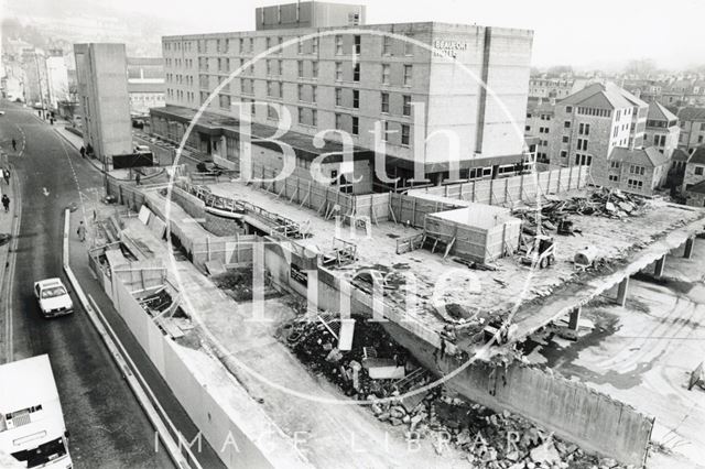 The Beaufort Hotel with the site of the Podium Centre under construction, Bath 1988