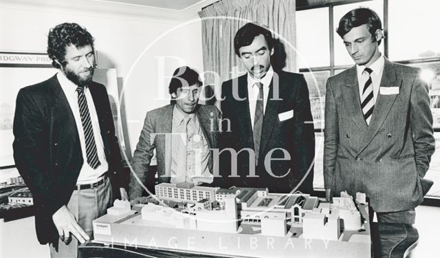 Inspecting the architects model for the Podium Centre, Bath 1985