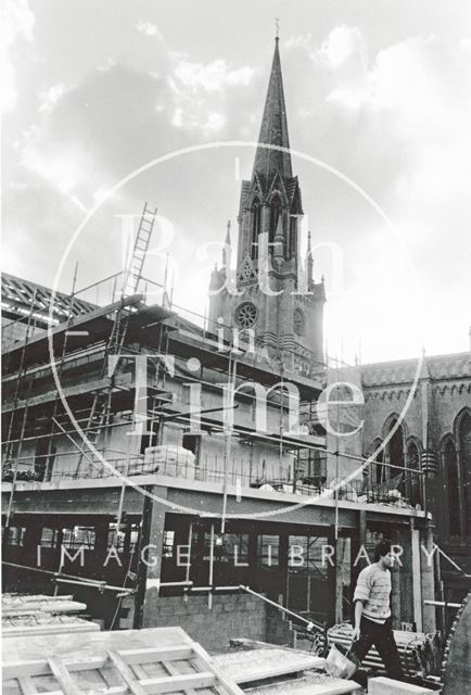 View of the spire of St. Michael's Church through the Podium development, Bath 1989