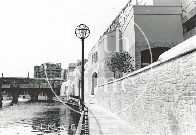 The riverside walk, Podium Centre with Pulteney Bridge in the background, Bath 1990