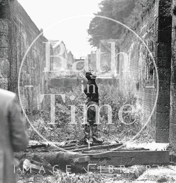 Interior of the derelict locks of the Kennet and Avon Canal, Devizes, Wiltshire 1971