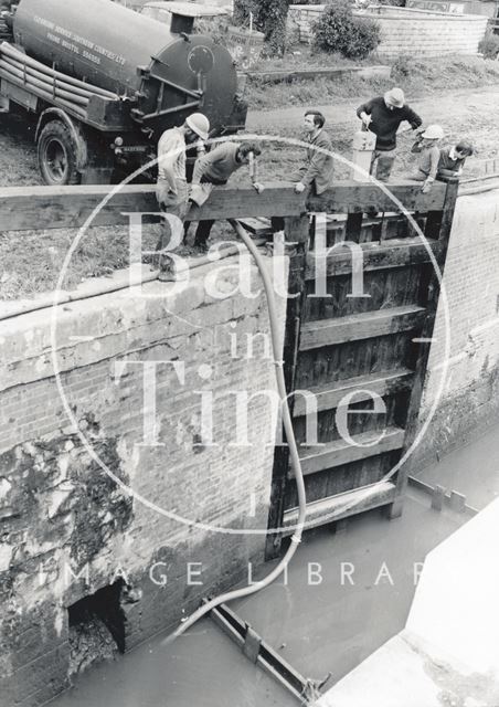 Pumping water from a lock on the Kennet and Avon Canal, Widcombe, Bath 1971