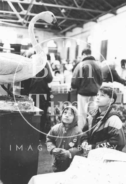 Two boys look up at a stuffed swan in the Tramshed Flea Market, Walcot Street, Bath 1992