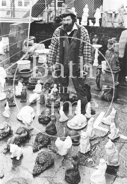 Gerald Dyer, a trader in figurines, Tramshed Flea Market, Walcot Street, Bath 1992