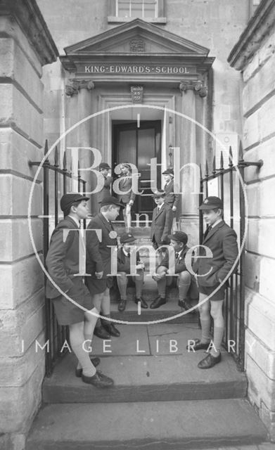 Boys outside the entrance to King Edward's Junior School, Broad Street, Bath 1987