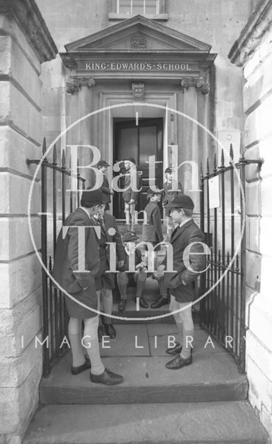 Boys outside the entrance to King Edward's Junior School, Broad Street, Bath 1987