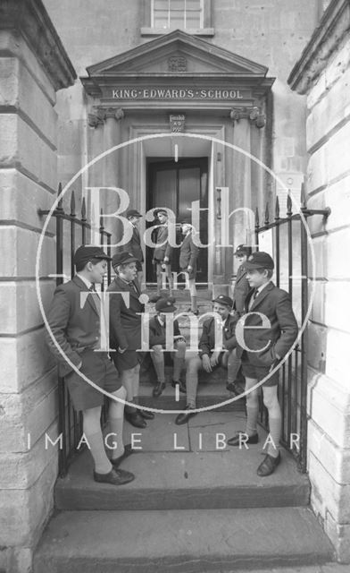 Boys outside the entrance to King Edward's Junior School, Broad Street, Bath 1987