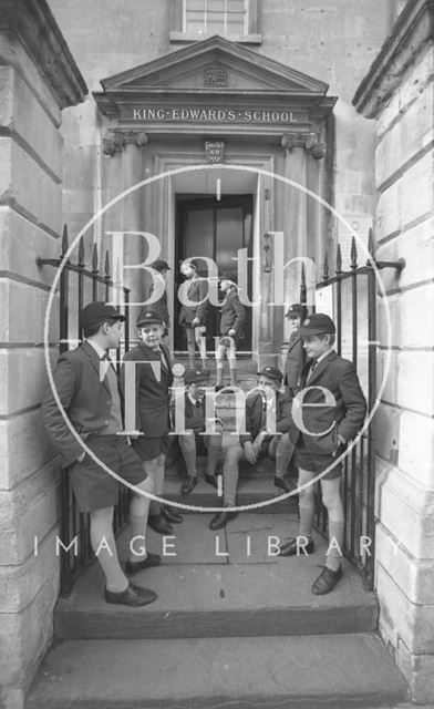 Boys outside the entrance to King Edward's Junior School, Broad Street, Bath 1987