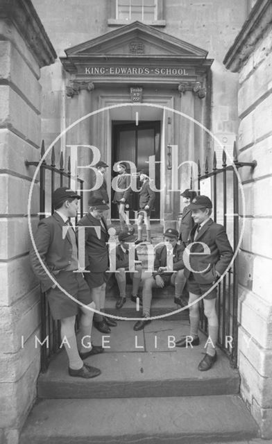 Boys outside the entrance to King Edward's Junior School, Broad Street, Bath 1987