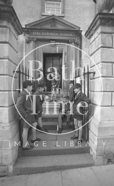 Boys outside the entrance to King Edward's Junior School, Broad Street, Bath 1987