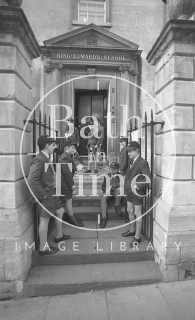 Boys outside the entrance to King Edward's Junior School, Broad Street, Bath 1987