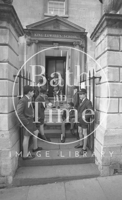 Boys outside the entrance to King Edward's Junior School, Broad Street, Bath 1987