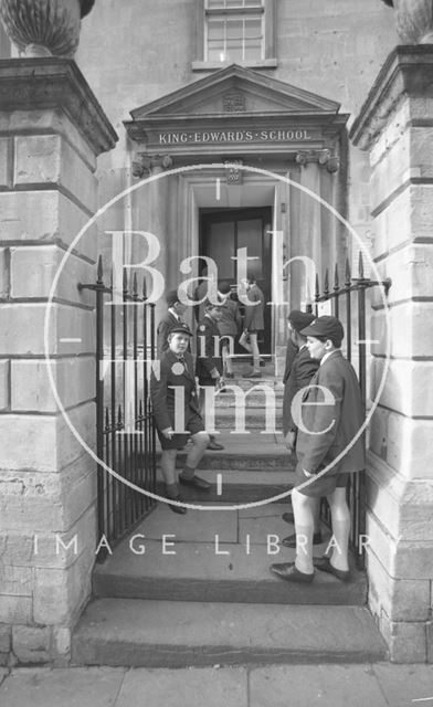 Boys outside the entrance to King Edward's Junior School, Broad Street, Bath 1987