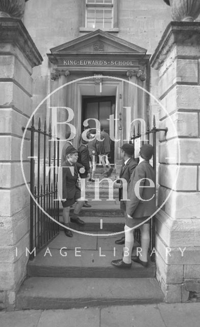 Boys outside the entrance to King Edward's Junior School, Broad Street, Bath 1987