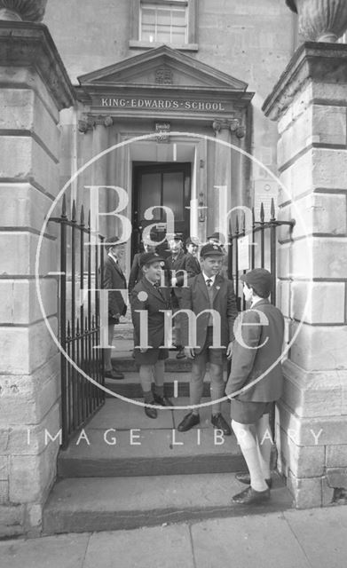 Boys outside the entrance to King Edward's Junior School, Broad Street, Bath 1987