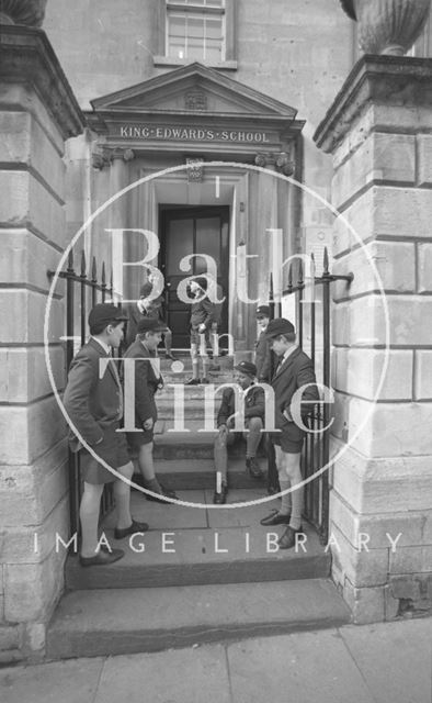 Boys outside the entrance to King Edward's Junior School, Broad Street, Bath 1987