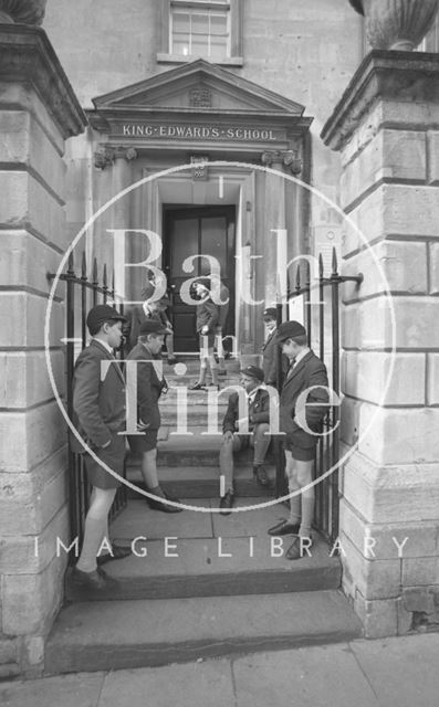 Boys outside the entrance to King Edward's Junior School, Broad Street, Bath 1987