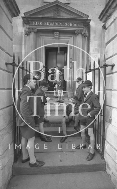 Boys outside the entrance to King Edward's Junior School, Broad Street, Bath 1987