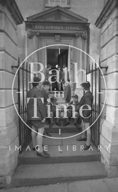 Boys outside the entrance to King Edward's Junior School, Broad Street, Bath 1987