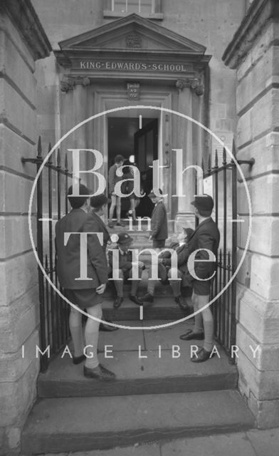 Boys outside the entrance to King Edward's Junior School, Broad Street, Bath 1987