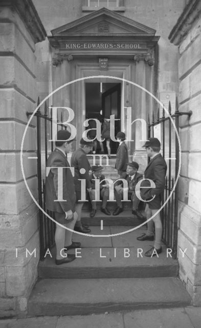 Boys outside the entrance to King Edward's Junior School, Broad Street, Bath 1987