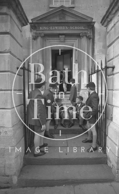 Boys outside the entrance to King Edward's Junior School, Broad Street, Bath 1987