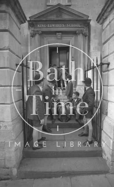 Boys outside the entrance to King Edward's Junior School, Broad Street, Bath 1987