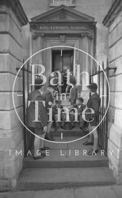 Boys outside the entrance to King Edward's Junior School, Broad Street, Bath 1987