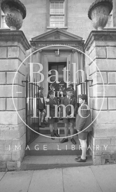 Boys outside the entrance to King Edward's Junior School, Broad Street, Bath 1987