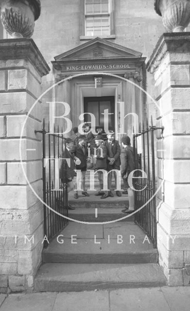 Boys outside the entrance to King Edward's Junior School, Broad Street, Bath 1987