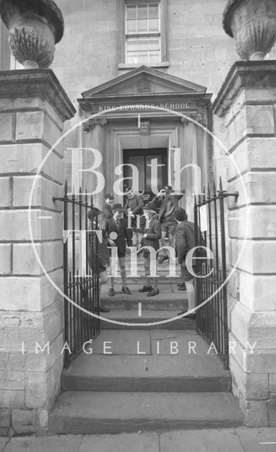 Boys outside the entrance to King Edward's Junior School, Broad Street, Bath 1987