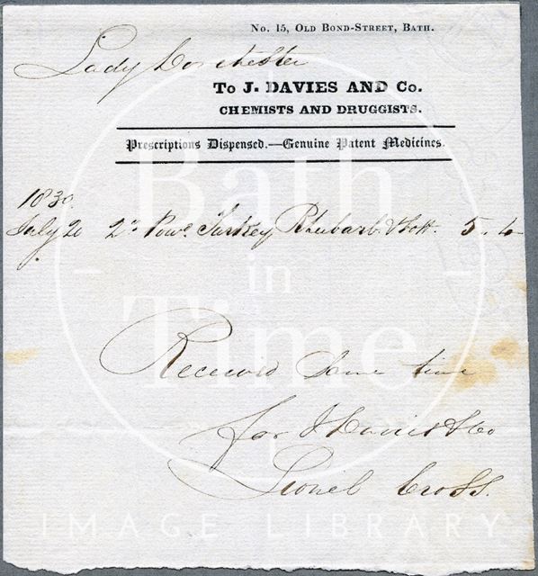 J. Davies and Co., Chemists and Druggists, 15, Old Bond Street, Bath 1831