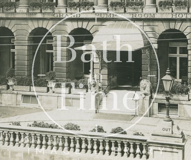 The Grand Pump Room Hotel, Stall Street. View from Colonnade showing lions, Bath c.1912 - detail