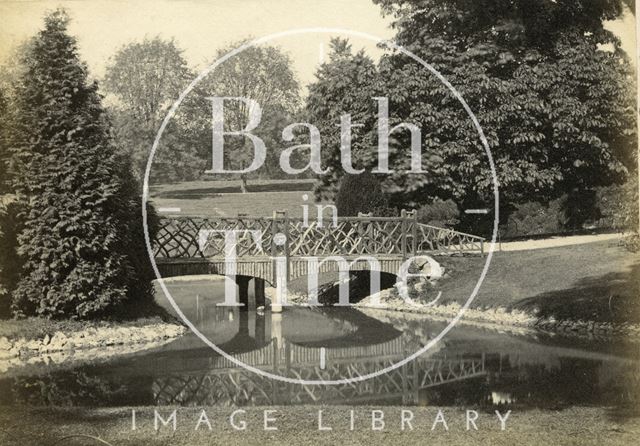 The rustic bridge over the pond in Royal Victoria Park, Bath c.1890