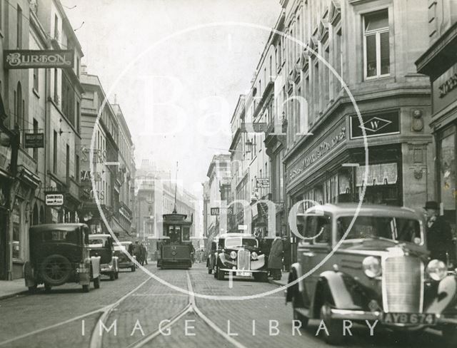 Stall Street looking north showing trams and lots of traffic, Bath c.1930