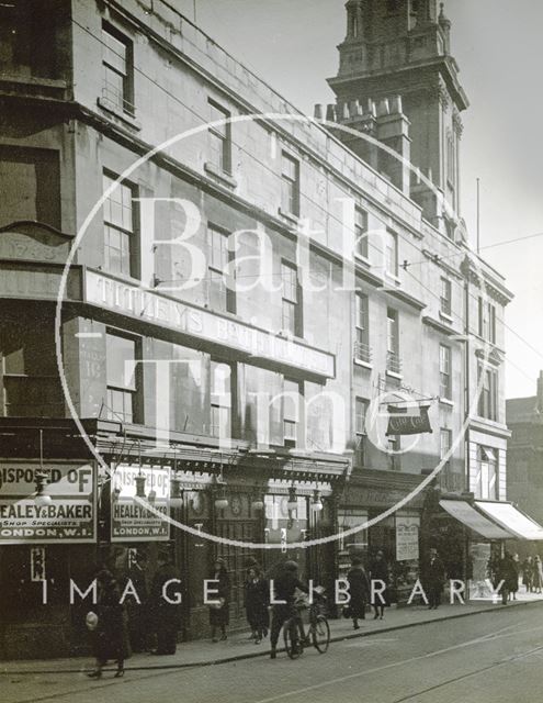 Stall Street from the north, showing a portion of the south side of Titleys vacant premises, Bath c.1932