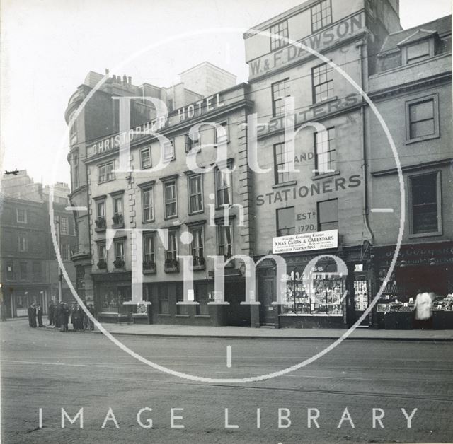 High Street, west side, showing the Christopher Hotel, W. & F. Dawson, printers and stationers, Bath c.1930