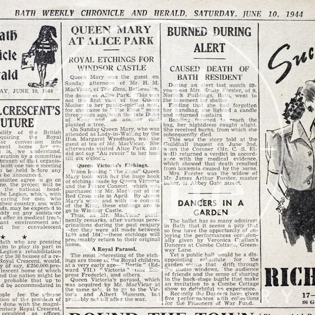 Report of visit of Queen Mary to Alice Park, Bath 1944