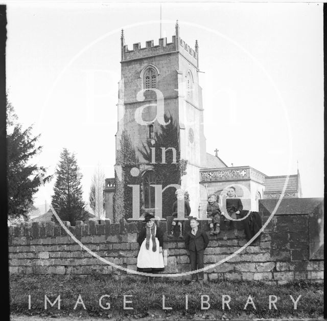 Group of people outside St. Nicholas Church, Bathampton c.1892