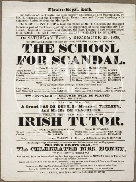 Playbill at Theatre Royal, Bath 1838