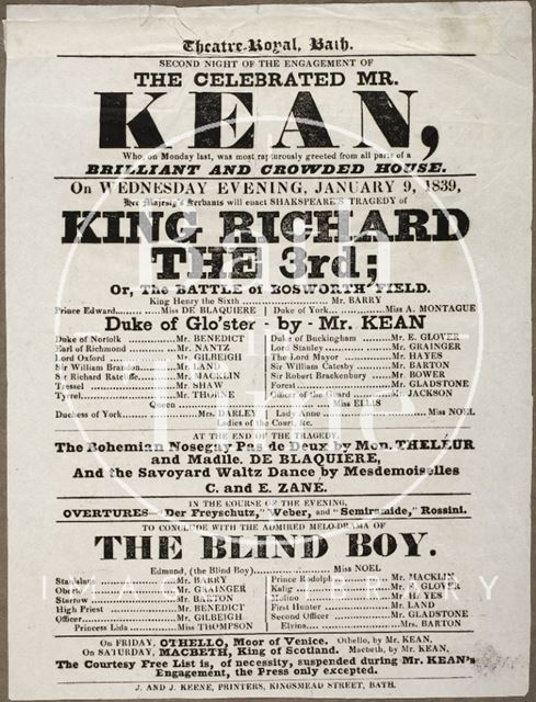 Playbill at Theatre Royal, Bath 1839