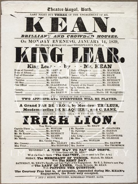 Playbill at Theatre Royal, Bath 1839