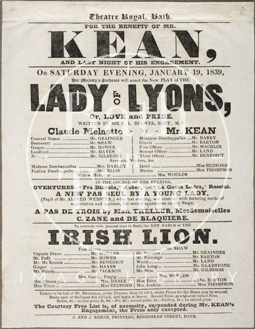 Playbill at Theatre Royal, Bath 1839