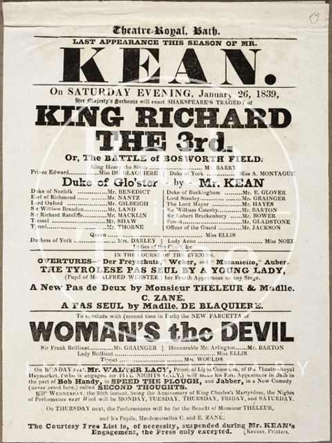 Playbill at Theatre Royal, Bath 1839