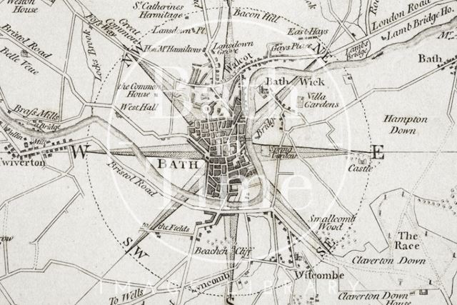 An Improved Map of the Villages, Roads, Farm Houses etc Five Miles round the City of Bath (city centre) 1787 - detail