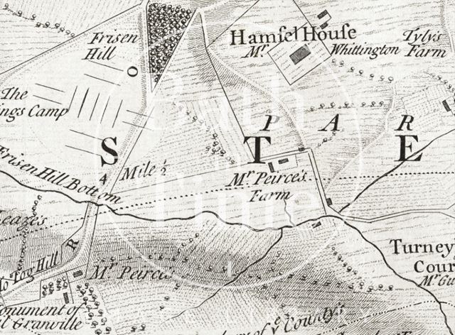 Thos Thorpe Map of 5 miles round Bath, Hamswell, Jerry Peirce's Farm and home at Lilliput Castle, Freezing Hill and Whittington Farm 1742 - detail